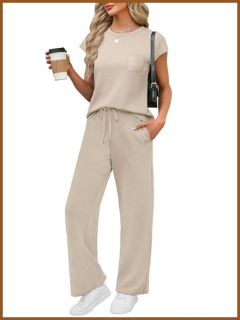 WIHOLL 2 Piece Lounge Set Cap Sleeve Wide Leg Pants Travel Vacation